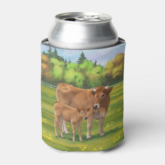 Aubrac Cow & Cute Calf in Spring Pasture Can Cooler