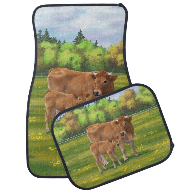 Aubrac Cow & Cute Calf in Spring Pasture Car Floor Mat (Set)