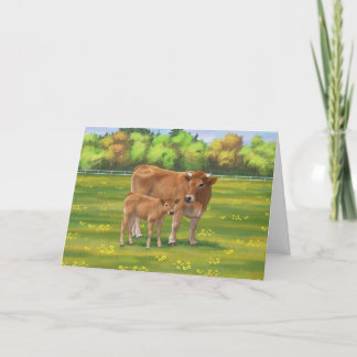 Aubrac Cow & Cute Calf in Spring Pasture Card