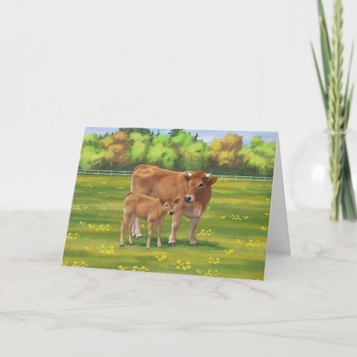 Aubrac Cow  Cute Calf in Spring Pasture Card