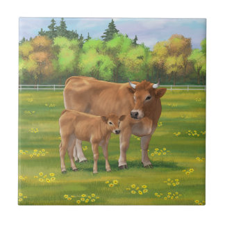 Aubrac Cow & Cute Calf in Spring Pasture Ceramic Tile