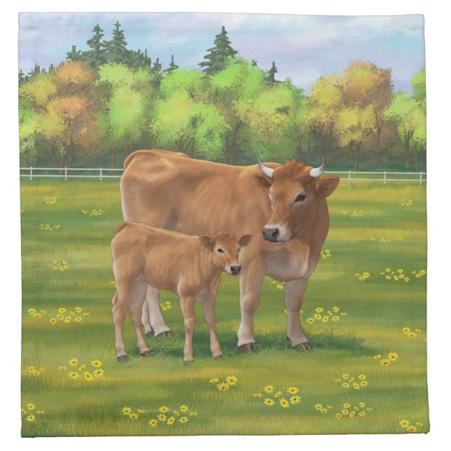 Aubrac Cow & Cute Calf in Spring Pasture Cloth Napkin (Front)