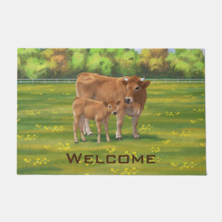Aubrac Cow & Cute Calf in Spring Pasture Doormat