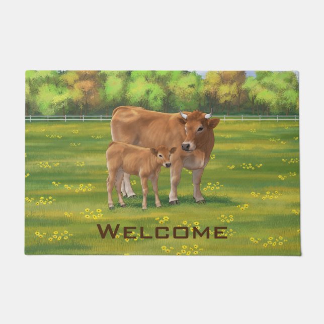 Aubrac Cow & Cute Calf in Spring Pasture Doormat (Front)