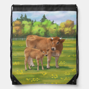 Aubrac Cow & Cute Calf in Spring Pasture Drawstring Bag