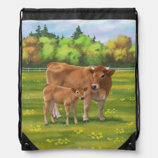 Aubrac Cow & Cute Calf in Spring Pasture Drawstring Bag