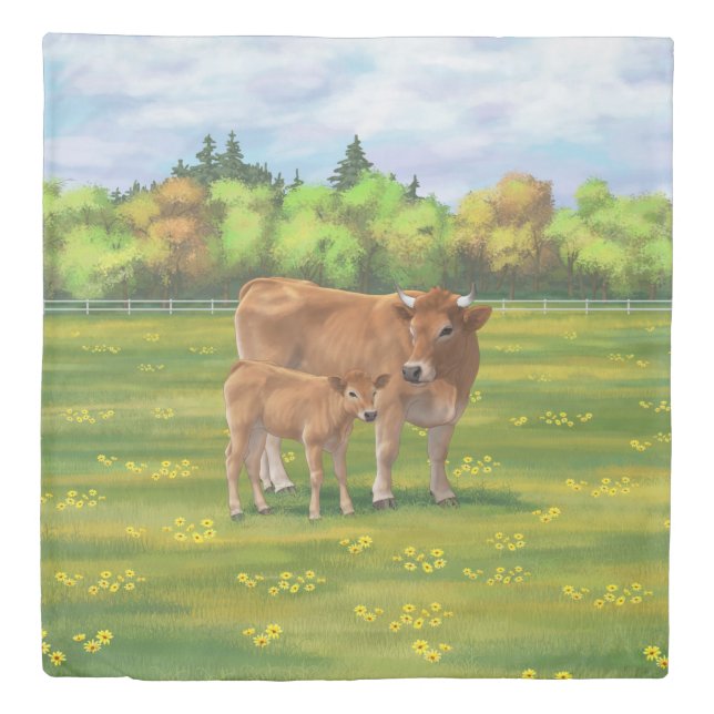 Aubrac Cow & Cute Calf in Spring Pasture Duvet Cover (Front)