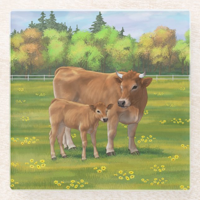 Aubrac Cow & Cute Calf in Spring Pasture Glass Coaster (Front)