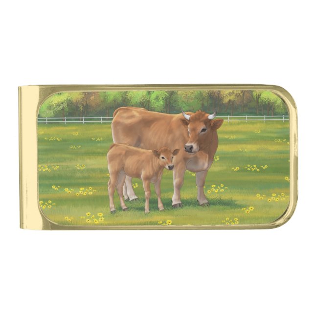 Aubrac Cow & Cute Calf in Spring Pasture Gold Finish Money Clip (Front)