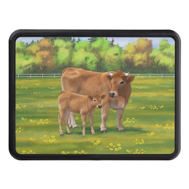 Aubrac Cow & Cute Calf in Spring Pasture Hitch Cover (Front)