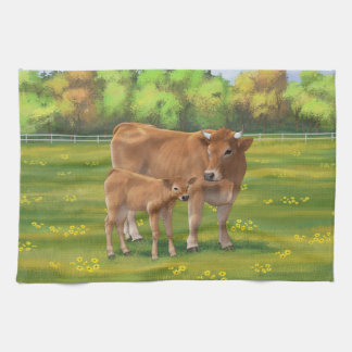 Aubrac Cow & Cute Calf in Spring Pasture Kitchen Towel