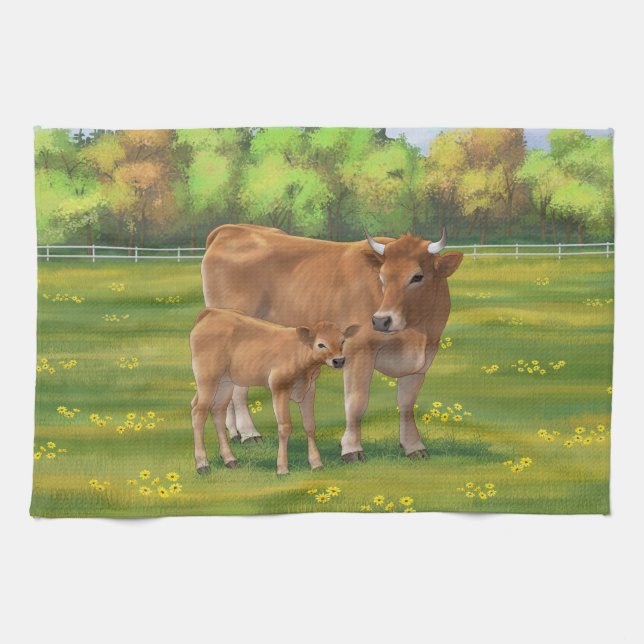 Aubrac Cow & Cute Calf in Spring Pasture Kitchen Towel (Horizontal)