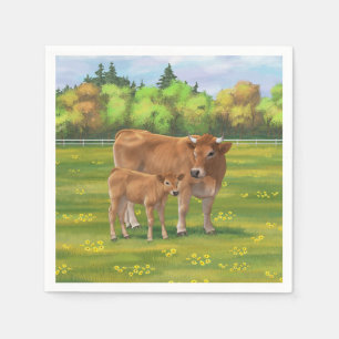 Aubrac Cow & Cute Calf in Spring Pasture Napkins
