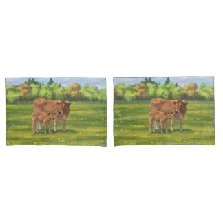 Aubrac Cow & Cute Calf in Spring Pasture Pillow Case