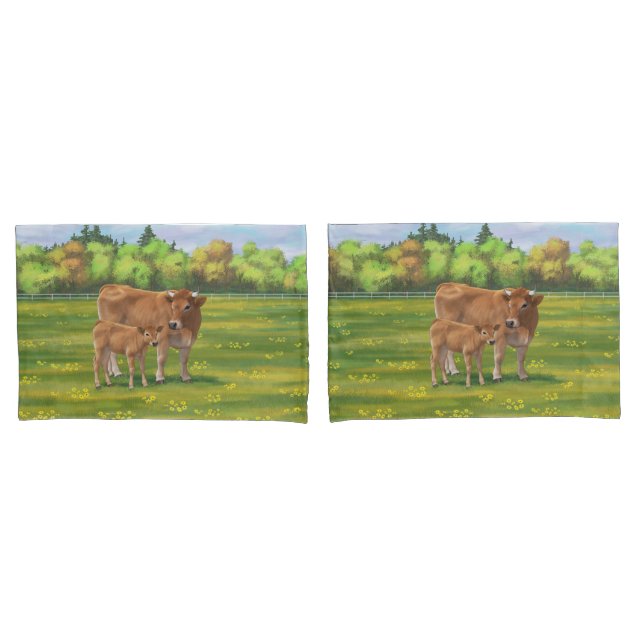 Aubrac Cow & Cute Calf in Spring Pasture Pillow Case (Front-Set)