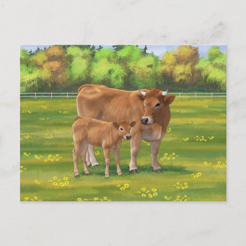 Aubrac Cow  Cute Calf in Spring Pasture Postcard