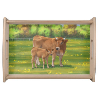 Aubrac Cow & Cute Calf in Spring Pasture Serving Tray