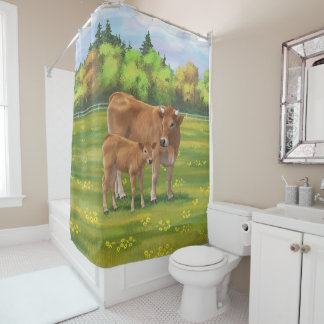 Aubrac Cow & Cute Calf in Spring Pasture Shower Curtain