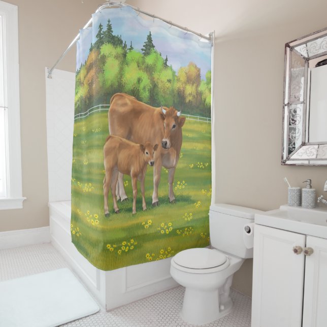 Aubrac Cow & Cute Calf in Spring Pasture Shower Curtain (In Situ)
