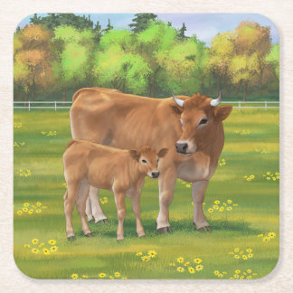 Aubrac Cow & Cute Calf in Spring Pasture Square Paper Coaster