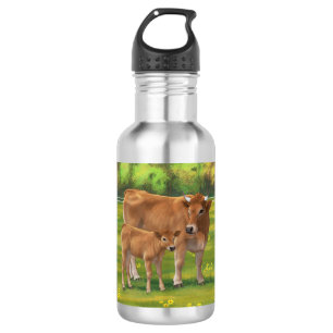 Aubrac Cow & Cute Calf in Spring Pasture Stainless Steel Water Bottle