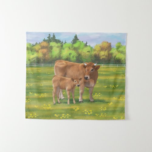 Aubrac Cow  Cute Calf in Spring Pasture Tapestry