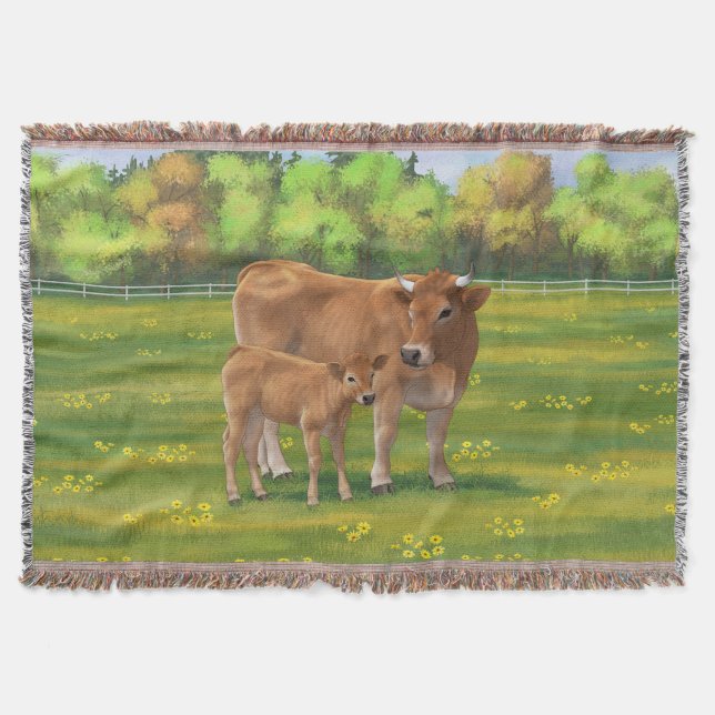 Aubrac Cow & Cute Calf in Spring Pasture Throw Blanket (Front)
