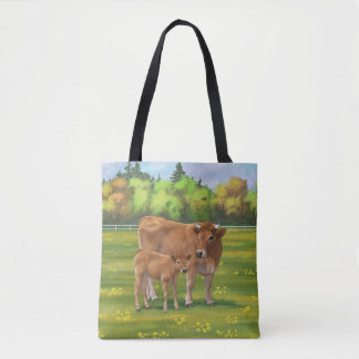 Aubrac Cow & Cute Calf in Spring Pasture Tote Bag