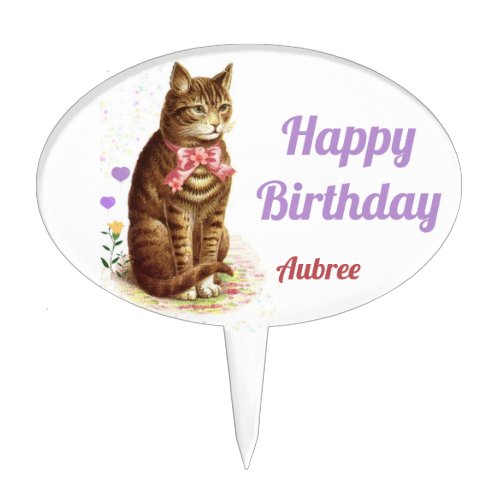 AUBREEVINTAGE TABBY CAT ART Pink Bow Cat Lover  Cake Topper