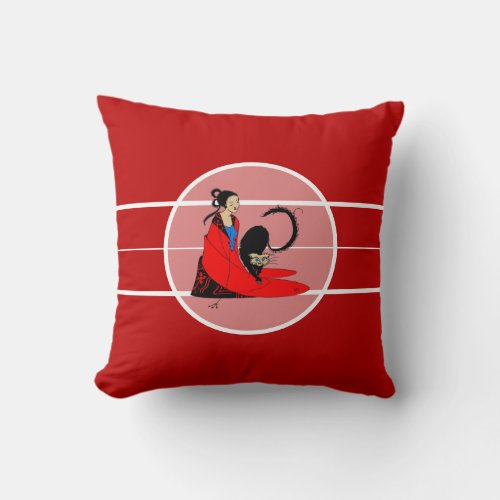 Aubrey Beardsley Art Nouveau Lady with Cat in Red Throw Pillow