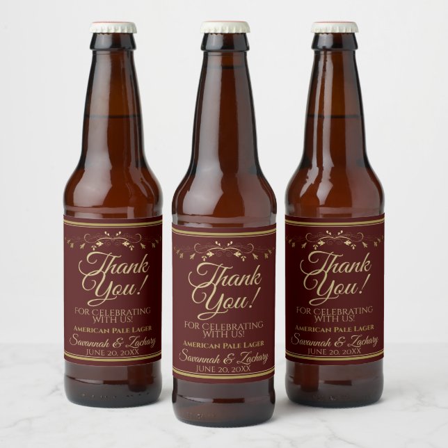 Auburn Auburn Brown & Gold Wedding Thank You Beer Bottle Label (Bottles)