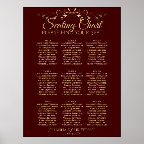 Auburn Brown  Gold 9 Table Wedding Seating Chart