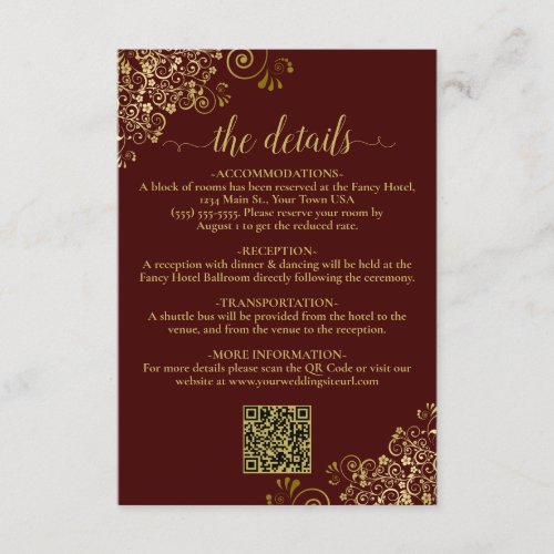Auburn Brown  Gold Chic Wedding QR Code Details Enclosure Card