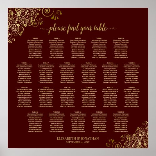 Auburn Brown  Gold Lace 22 Table Seating Chart
