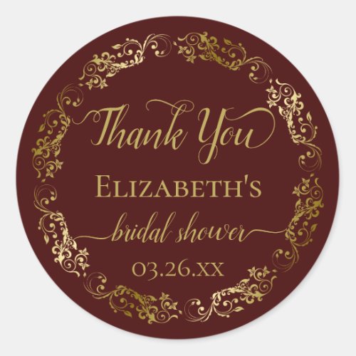 Auburn Brown  Gold Lace Bridal Shower Thank You Classic Round Sticker