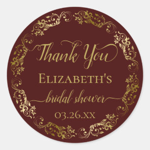 Auburn Brown & Gold Lace Bridal Shower Thank You Classic Round Sticker