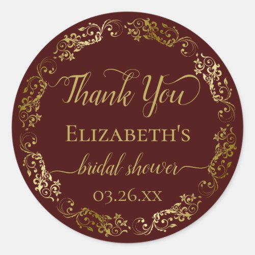 Auburn Brown & Gold Lace Bridal Shower Thank You Classic Round Sticker