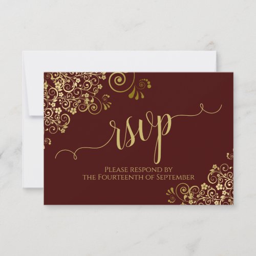 Auburn Brown  Gold Lace Calligraphy Wedding RSVP Card
