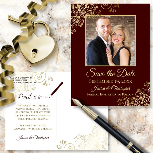 Auburn Brown  Gold Photo Save the Date Wedding Announcement Postcard