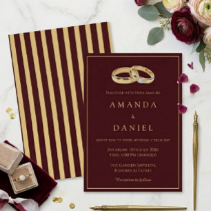 Auburn Brown & Gold Ring Diamond Stripes Wedding Invitation