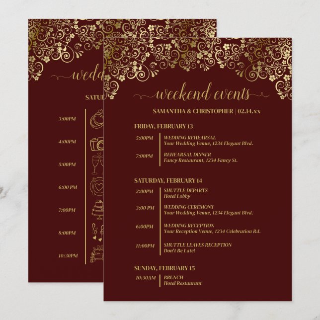 Auburn Brown & Gold Wedding Events & Timeline Program (Front/Back)
