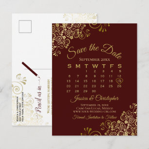 Auburn Brown Gold Wedding Save the Date Calendar Announcement Postcard