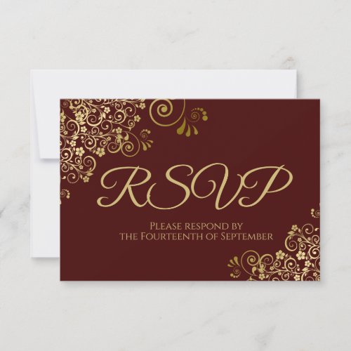 Auburn Brown with Elegant Gold Lace Wedding RSVP Card