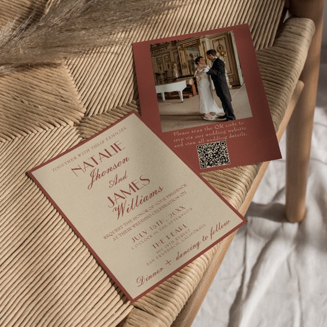 Auburn Copper Old Money QR Code Photo Wedding Invitation (Creator Uploaded)