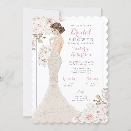 Auburn Glam Bride in Gown Bridal Shower Invitation