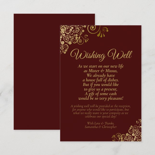 Auburn & Gold Lace Wedding Wishing Well Poem Enclosure Card (Front/Back)