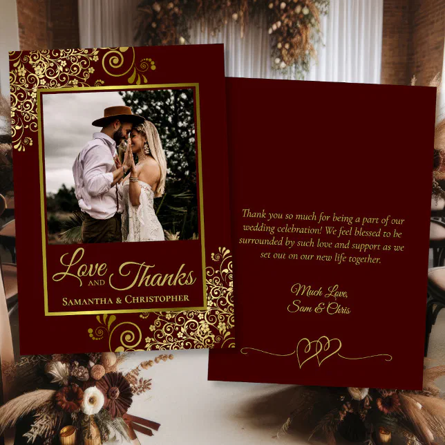 Auburn & Gold Love & Thanks Photo & Note Wedding Thank You Card | Zazzle