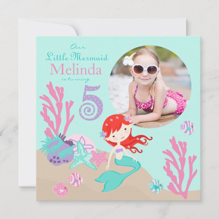 Auburn Mermaid Fifth Birthday Invitation | Zazzle