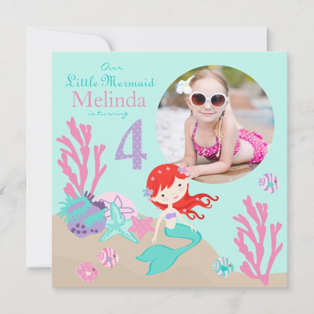Auburn Mermaid Fourth Birthday Invitation (Front)