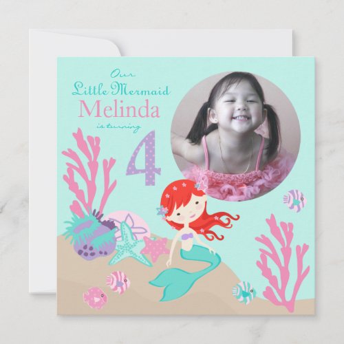 Auburn Mermaid Fourth Birthday Custom Invitation